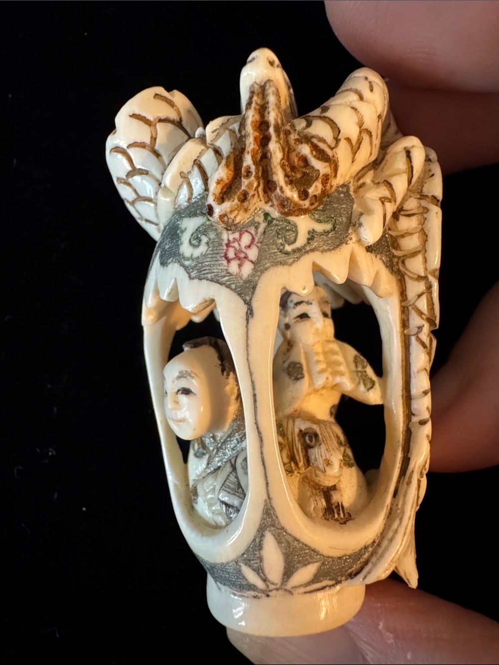 Vintage Faux Ivory (Resin?) Netsuke w/ a Dragon and 2 Children Inside a Lantern